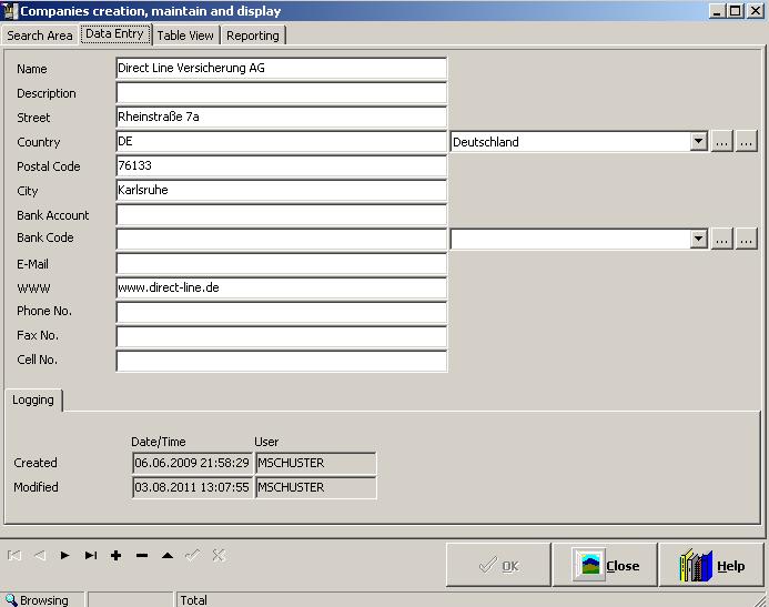 Area for Company Master Data-Entry (Logging of the data modifications is available in each data entry window)